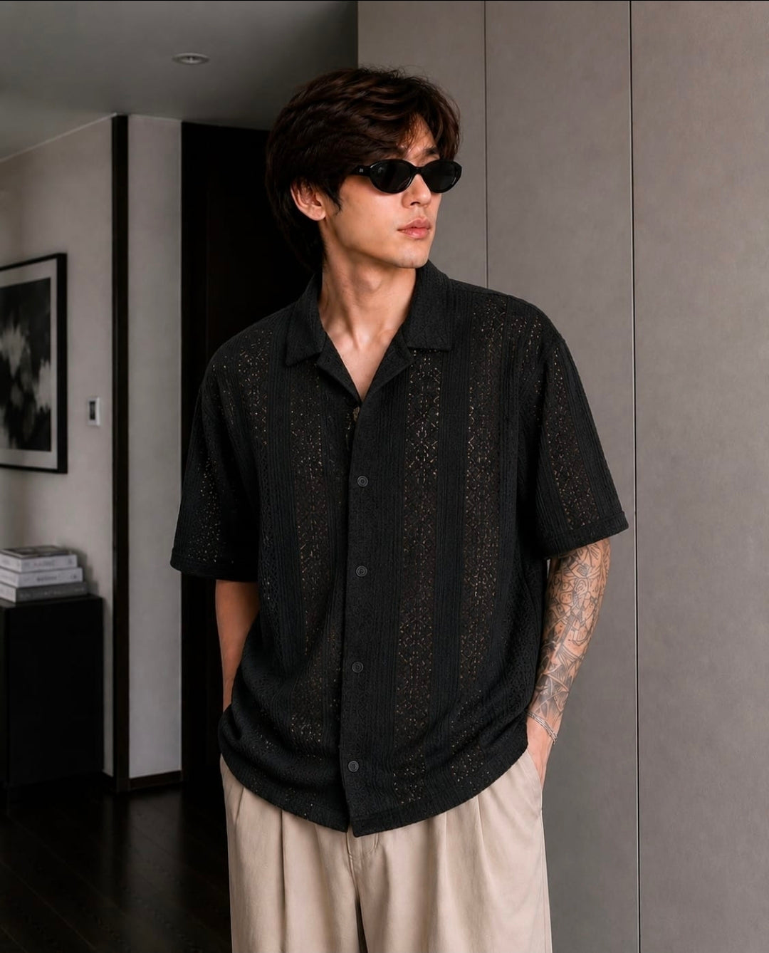 MAFIA® Cuban Collar Textured Open Knit Shirt