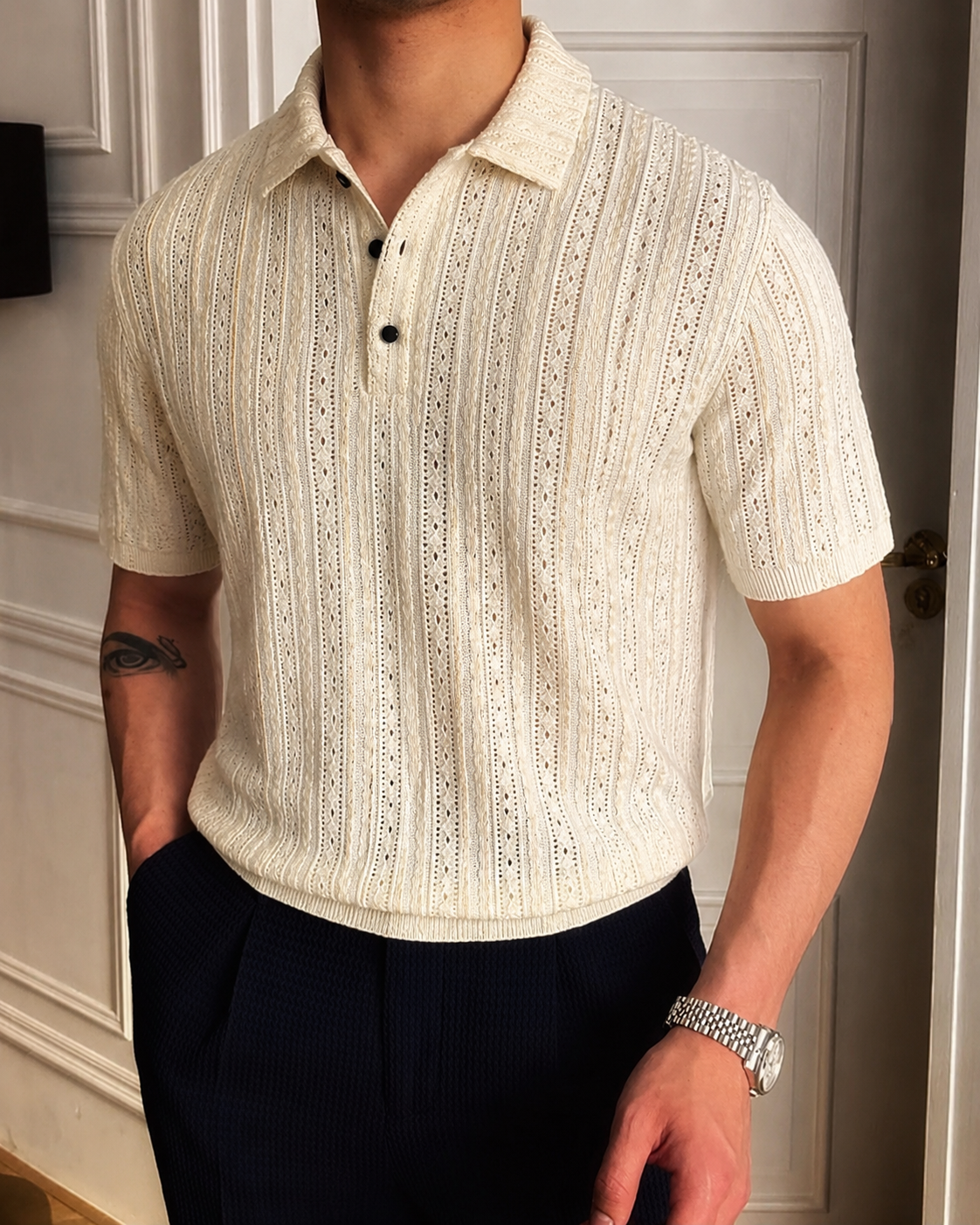 MAFIA® Vellum Pointelle Open Knit Polo